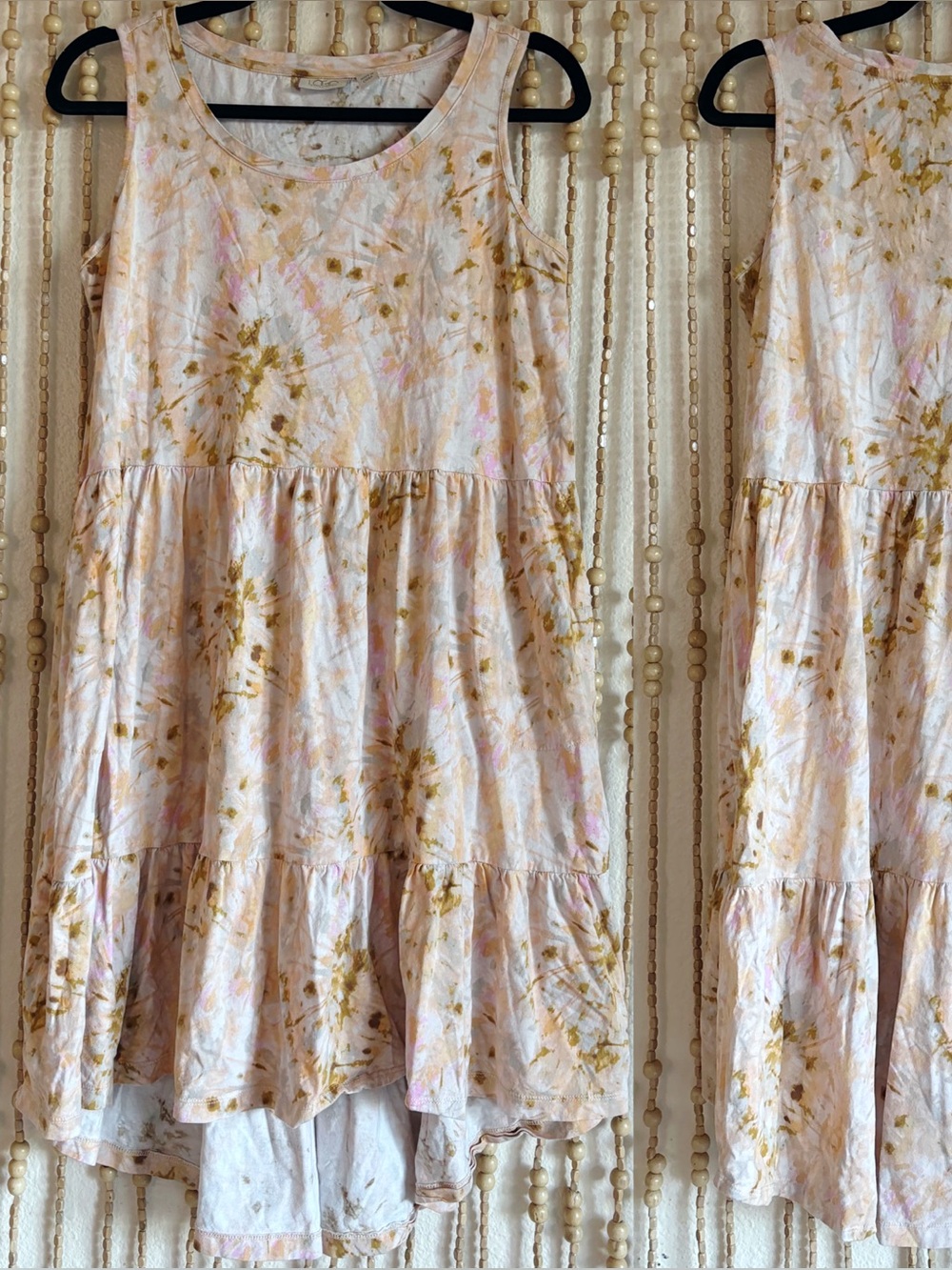 LOGO Tan Pink Abstract Tie Dye Tiered Sleeveless Contemporary Boho Casual Dress